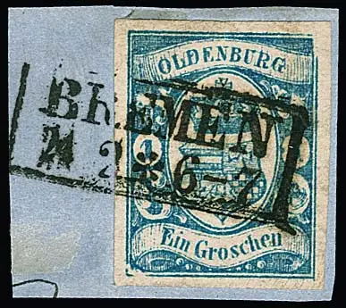 1 Gr. blau, deutliche Plattenfehler "ausgebrochene linke untere Ecke und schräge rechte obere Ecke", breitrandig auf Briefstück (gelöst und replatziert mit…