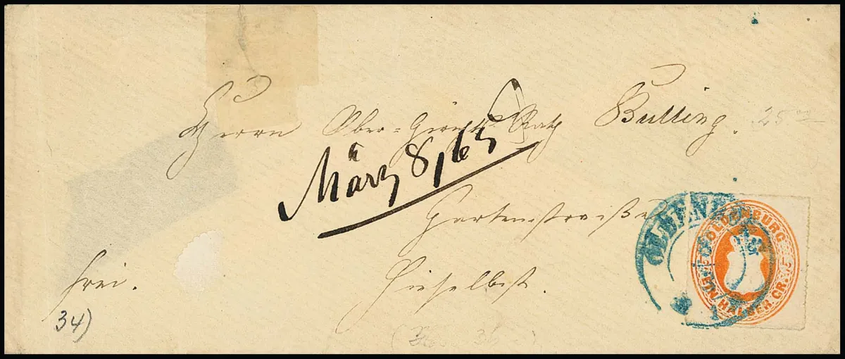 1/2 Gr. orange, Prachtstück einzeln auf Ortscouvert (links oben Randriß mit Falz gestützt) 1865 mit K2 "Oldenburg"