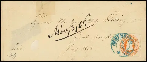 1/2 Gr. orange, Prachtstück einzeln auf Ortscouvert (links oben Randriß mit Falz gestützt) 1865 mit K2 "Oldenburg"