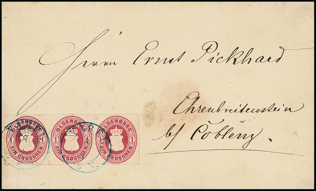 1 Gr. rosakarmin, ausgabetypisch durchstochener Dreierstreifen auf Prachtcouvert (Mitte typischer Siegeldurchschlag) mit K2 "Varel" nach Ehrenbreitstein