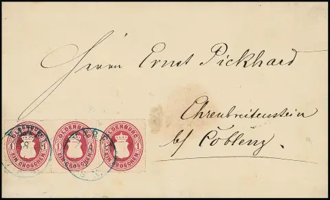 1 Gr. rosakarmin, ausgabetypisch durchstochener Dreierstreifen auf Prachtcouvert (Mitte typischer Siegeldurchschlag) mit K2 "Varel" nach Ehrenbreitstein