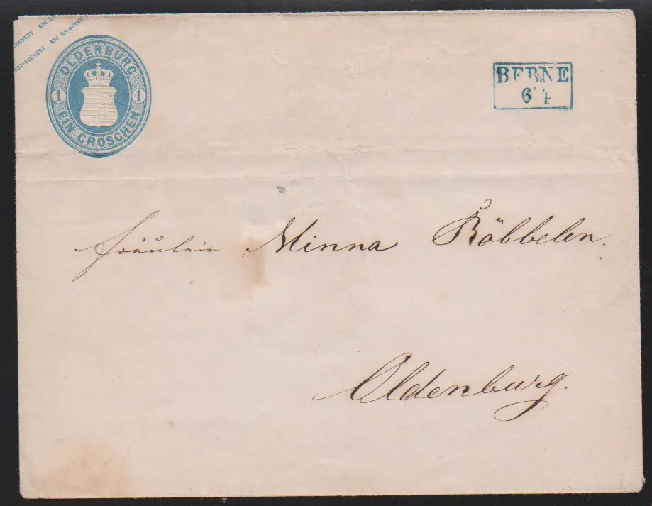 Ganzsache 1 Gr. blau im seltenen Großformat (typische Erhaltung mit leichten Faltspuren, rs. obere Viertelklappe nicht vollständig) mit Ra2 "Berne", Mi. 800,-
