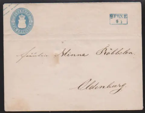 Ganzsache 1 Gr. blau im seltenen Großformat (typische Erhaltung mit leichten Faltspuren, rs. obere Viertelklappe nicht vollständig) mit Ra2 "Berne", Mi. 800,-