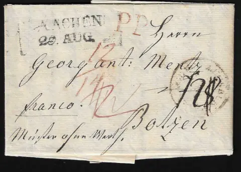"Aachen", (1815)/1817, roter L2 "103 Aix-la-Chapelle" auf Brief mit Franchise nach Mainz, ferner roter L1 bzw. schwarzer L2 auf zwei Briefen, ersterer Chargé,…