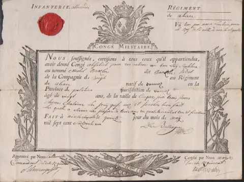 "Aachen", 1761, Militär-Entlassungsschein eines Soldaten aus dem Infanterie-Regiment "d' Alsace" (Elsaß), ausgestellt in Aachen, 15. Mai 1761, mit vs.…