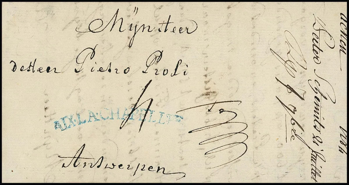 "Aachen", 1784/1806, zwei Auslandsbriefe mit Inhalt, mit seltenem gebogenem blauem L1 "AIX.LA.CHAPELLE" 1784 nach Antwerpen, sowie mit rotem "103er" nach…