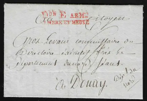 "Aachen", 1790, seltener französischer Feldpostbrief mit rotem L2 "D.ON E ARM. SAMBRE ET MEUSE"