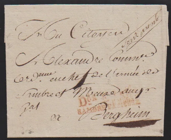 "Aachen", 1795, roter L2 "D.ON E ARM. SAMBRE ET MEUSE" auf Brief nach Bergheim, schöner gedruckter Briefkopf "Liberté, Egalité, Fraternité"