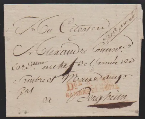 "Aachen", 1795, roter L2 "D.ON E ARM. SAMBRE ET MEUSE" auf Brief nach Bergheim, schöner gedruckter Briefkopf "Liberté, Egalité, Fraternité"