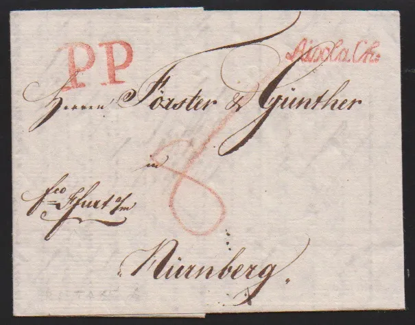 "Aachen", 1798, klarer roter Schreibschrift-L1 "Aix la Ch." nebst "PP" auf Luxusbrief nach Nürnberg (aus Burtscheid)