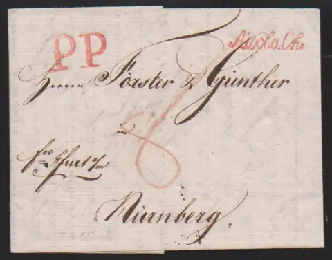 "Aachen", 1798, klarer roter Schreibschrift-L1 "Aix la Ch." nebst "PP" auf Luxusbrief nach Nürnberg (aus Burtscheid)