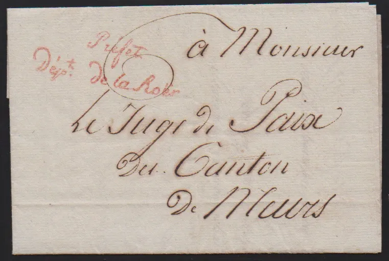 "Aachen", 1810/12, zwei Briefe aus der Zeit der französ. Besetzung, Ortsbrief, sowie Brief des Präfekten nach Moers, je mit versch. Franchise-Stempeln in rot