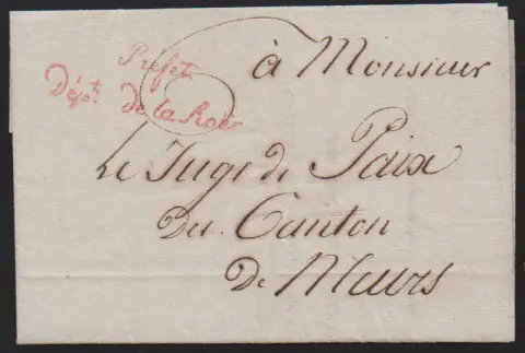 "Aachen", 1810/12, zwei Briefe aus der Zeit der französ. Besetzung, Ortsbrief, sowie Brief des Präfekten nach Moers, je mit versch. Franchise-Stempeln in rot