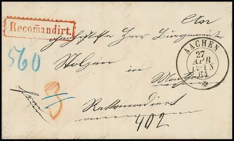 "Aachen", K2 in seltener belgischer Versuchstype v. 27.4.1864 klar auf frischem Recobriefchen nach Monschau