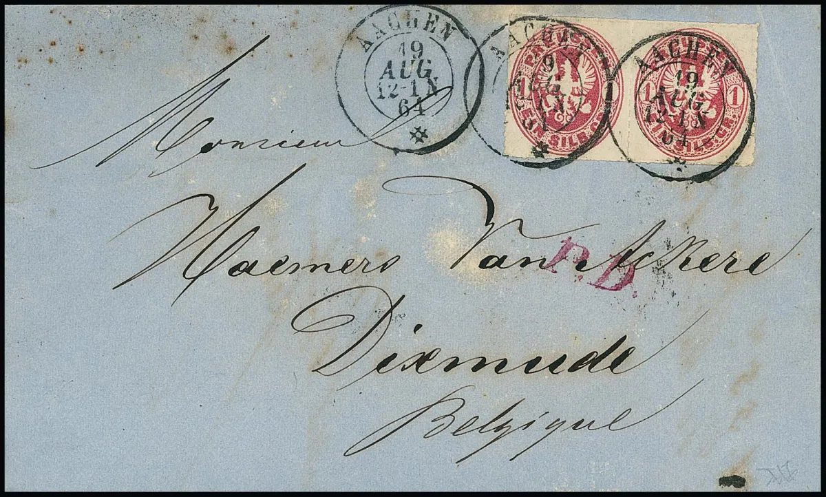 "Aachen", seltener K2 in belgischer Versuchstype (19.8.1864) klar auf Brief (min. fleckig) mit Paar 1 Sgr. nach Dixmende/Belgien, rs. Ank.-K2