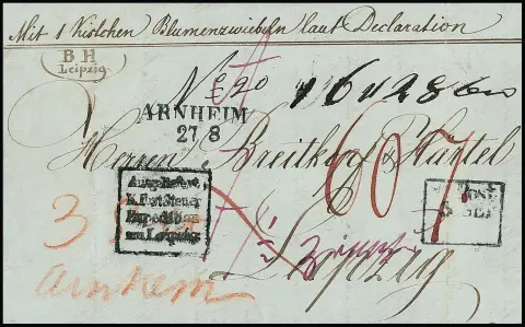 "Arnheim", 1841-1846, klarer L2 bzw. K1 auf zwei dekorativen Paketbegleitbriefen aus Amsterdam nach Cöln bzw. Leipzig, dazu ein Paketbrief aus Amsterdam mit…