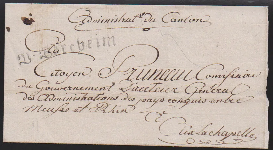 "Bergheim", (1790), seltener erster großer Fraktur-L1 "V. Bercheim" klar auf Briefhülle nach Aachen, Feuser 350,-