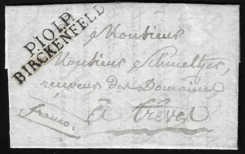 "Birkenfeld", 1810, je klare L2 "101 BIRCKENFELD" bzw. "P.101.P. BIRCKENFELD" auf zwei Kabinettbriefen aus Kusel und Rhaunen, Feuser 850,-