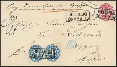 "Bitburg", klarer Ra2 auf Pracht-Wert-Ganzsache 1 Sgr. karmin mit Paar 2 Sgr. ultramarin nach Berlin