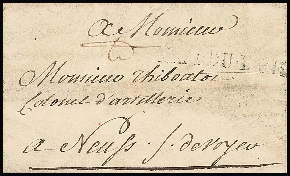 "Bockum" bei Krefeld, 1761, seltener kleiner französischer Armeepostbrief aus dem 7-jährigen Krieg mit L1 "ARM. DU. B. RHIN" nach Neuß