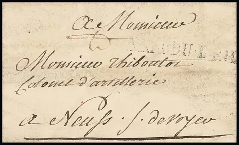 "Bockum" bei Krefeld, 1761, seltener kleiner französischer Armeepostbrief aus dem 7-jährigen Krieg mit L1 "ARM. DU. B. RHIN" nach Neuß