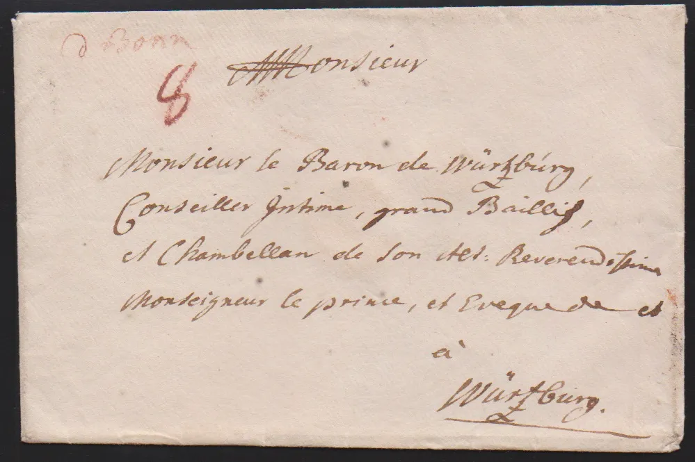 "Bonn", (1778), L2 "DE BONN SUR LE RHIN" auf dekorativem Adelsbrief an den Herzog Joseph Friedrich von Sachsen, sowie der kleine Posthorn-K1 auf Adelscouvert…