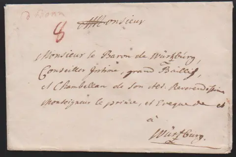 "Bonn", (1778), L2 "DE BONN SUR LE RHIN" auf dekorativem Adelsbrief an den Herzog Joseph Friedrich von Sachsen, sowie der kleine Posthorn-K1 auf Adelscouvert…