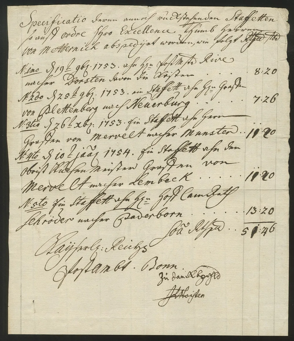 "Bonn", 1753, "Kayserl. Reichs-Postambt", dekor. hs. Estaffetten-Gebührenrechnung (gesamt 51 Reichsthaler und 46 Groschen)