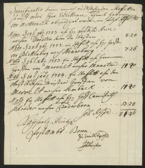 "Bonn", 1753, "Kayserl. Reichs-Postambt", dekor. hs. Estaffetten-Gebührenrechnung (gesamt 51 Reichsthaler und 46 Groschen)