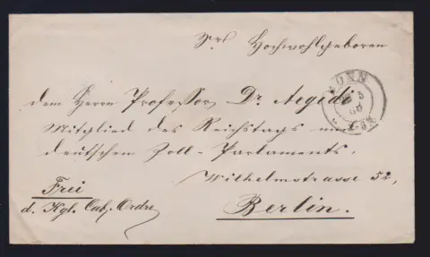 "Bonn", 1868, K2 auf portofreiem Couvert ("Frei d. Kgl. Cab. Ordre", rs. obere Viertelklappe nicht ganz vollständig) an Prof. Dr. Aegidi, "Mitglied des…