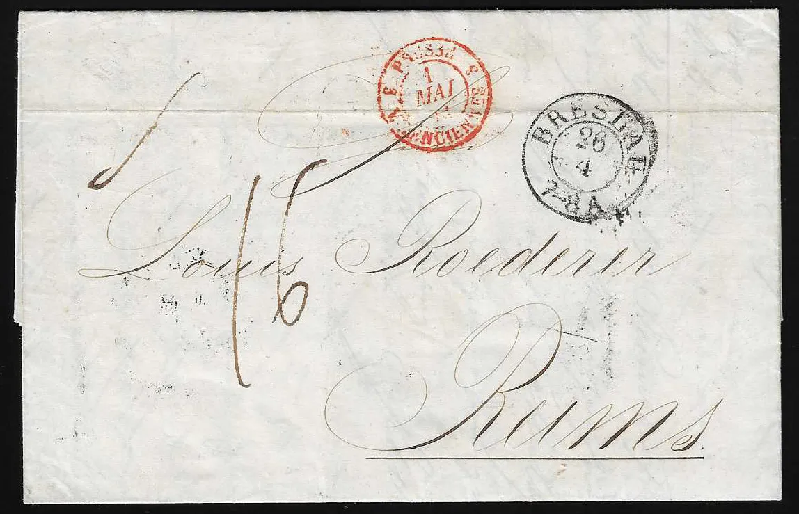 "Breslau", 1851, K2 auf Prachtbrief nach Rheims, rs. u.a. rekordverdächtige sieben Bahnpoststempel