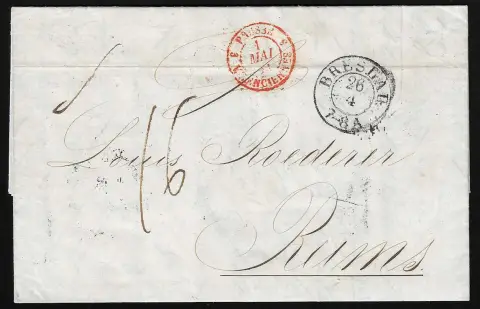 "Breslau", 1851, K2 auf Prachtbrief nach Rheims, rs. u.a. rekordverdächtige sieben Bahnpoststempel