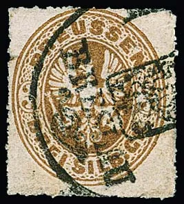 "Breslau", Postamtssiegelstempel als seltene Entwertung auf Wappen 3 Sgr. (kl. Durchstichkerbe)