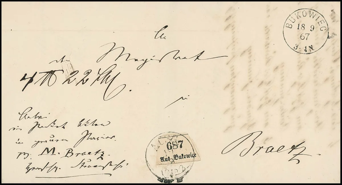 "Bukowiec", 1867, zur Preußenzeit seltener neuer Grotesk-K1 klar auf Paketbegleitbrief