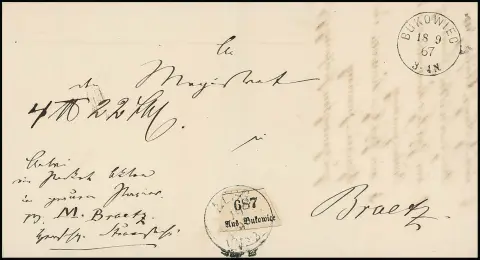 "Bukowiec", 1867, zur Preußenzeit seltener neuer Grotesk-K1 klar auf Paketbegleitbrief