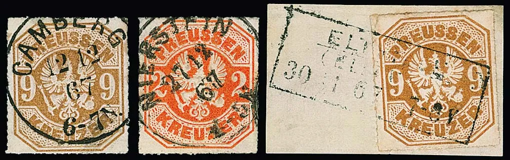 "Camberg", "Nierstein" (je neuer Grotesk-K1), "Eltville" ("Eltfeld"), Grotesk-Ra3, je sauber auf 2 Kr. orange bzw. 9 Kr. ockerbraun (ein Briefstück)