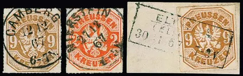 "Camberg", "Nierstein" (je neuer Grotesk-K1), "Eltville" ("Eltfeld"), Grotesk-Ra3, je sauber auf 2 Kr. orange bzw. 9 Kr. ockerbraun (ein Briefstück)