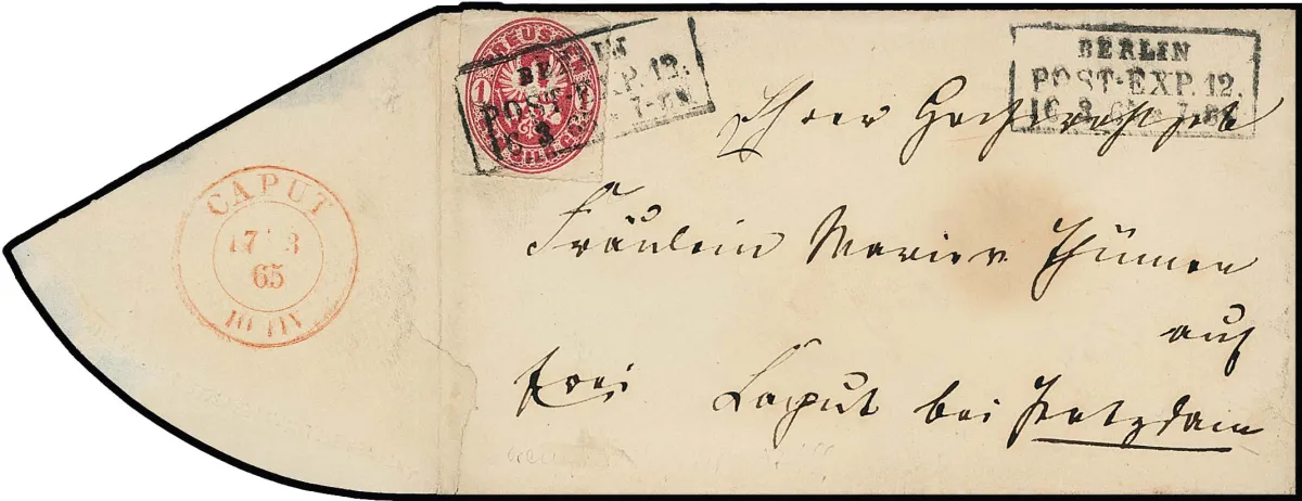 "Caput", 1865 (17.3.), seltener roter K2 der Hilfspostanstalt klar rückseitig auf Couvert mit 1 Sgr. Wappen (oben min. bestoßen) von Berlin nach Caput bei…