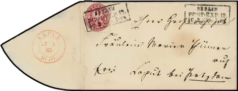 "Caput", 1865 (17.3.), seltener roter K2 der Hilfspostanstalt klar rückseitig auf Couvert mit 1 Sgr. Wappen (oben min. bestoßen) von Berlin nach Caput bei…