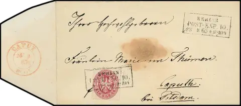 "Caput", klarer roter K2 der Hilfspostanstalt, vom 24.3.1864, auf Couvert (Mitte typischer Siegeldurchschlag) mit perfekter 1 Sgr. von Berlin dorthin