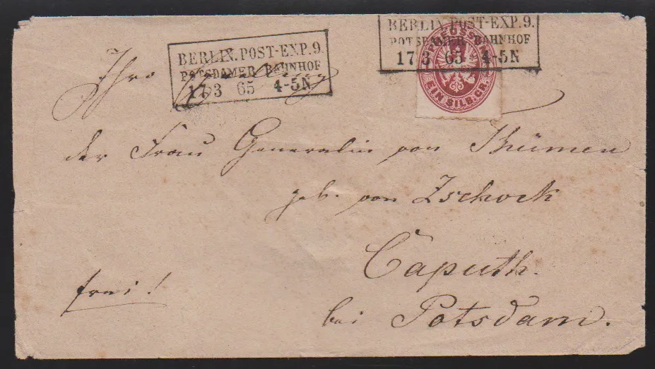 "Caput", klarer roter K2 der Hilfspostanstalt, v. 18.3.1865, auf etwas fleckigem Brief 1 Sgr. mit Ra3 "Berlin Post-Exp. 9 Potsdamer Bahnhof" dorthin