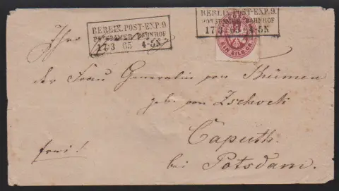 "Caput", klarer roter K2 der Hilfspostanstalt, v. 18.3.1865, auf etwas fleckigem Brief 1 Sgr. mit Ra3 "Berlin Post-Exp. 9 Potsdamer Bahnhof" dorthin