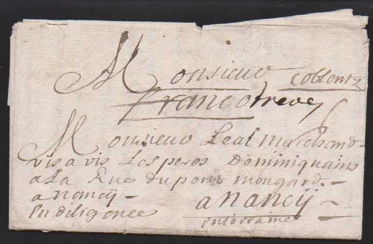 "Coblenz", 1712, frühe handschriftliche Aufgabe auf Brief "en diligence" nach Nancy mit Inhalt