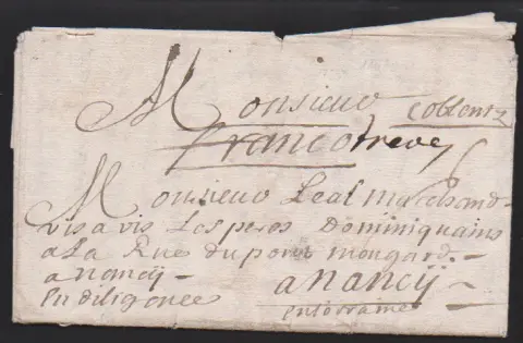 "Coblenz", 1712, frühe handschriftliche Aufgabe auf Brief "en diligence" nach Nancy mit Inhalt