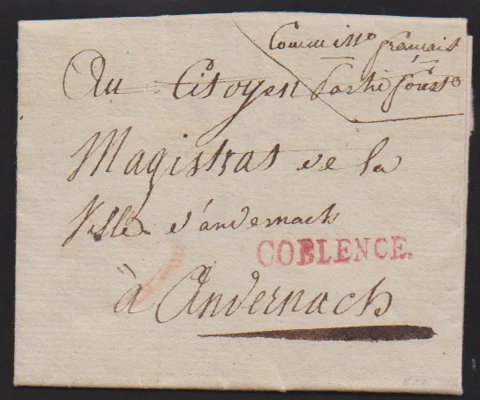 "Coblenz", 1796, klarer roter L1 "COBLENCE" auf Briefchen mit Inhalt, Feuser 592-2
