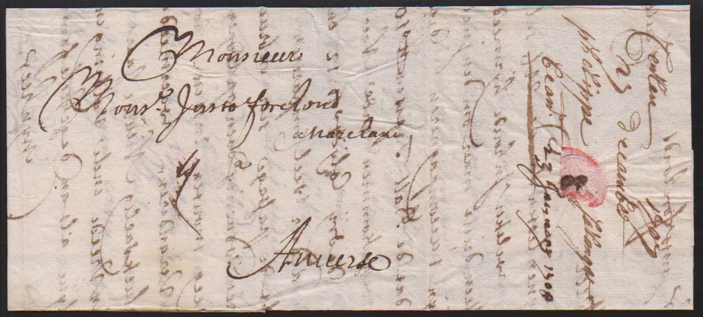"Cöln", 1707, zwei frühe, mit der Pachtpost Jaupain nach Antwerpen beförderte Briefe