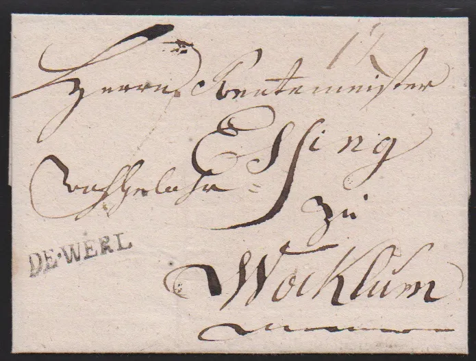 "Werl", (1785), der erste L1 "DE.WERL" klar auf Brief nach Wocklum
