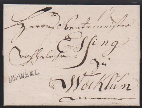 "Werl", (1785), první L1 "DE.WERL" jasně na dopise do Wocklum