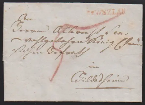 "Wetzlar", (1760 ff.), L1 "DE WETZLAR" na dvou dopisech (jeden malá trhlina), stejně jako červený L1 "R.2. WEZLAR" na dopise 1803