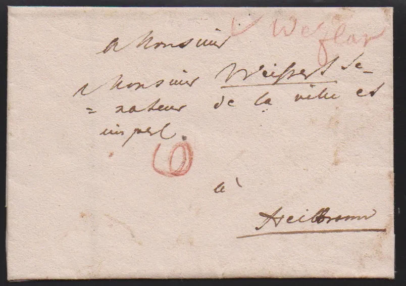 "Wetzlar", ca. 1760-1800, drei Briefe mit hs. Aufgaben (einmal Rötel "V. Wetzlar"), ferner dekor. Adelsbrief 1790 mit erstem L1 "DE WETSLAR"